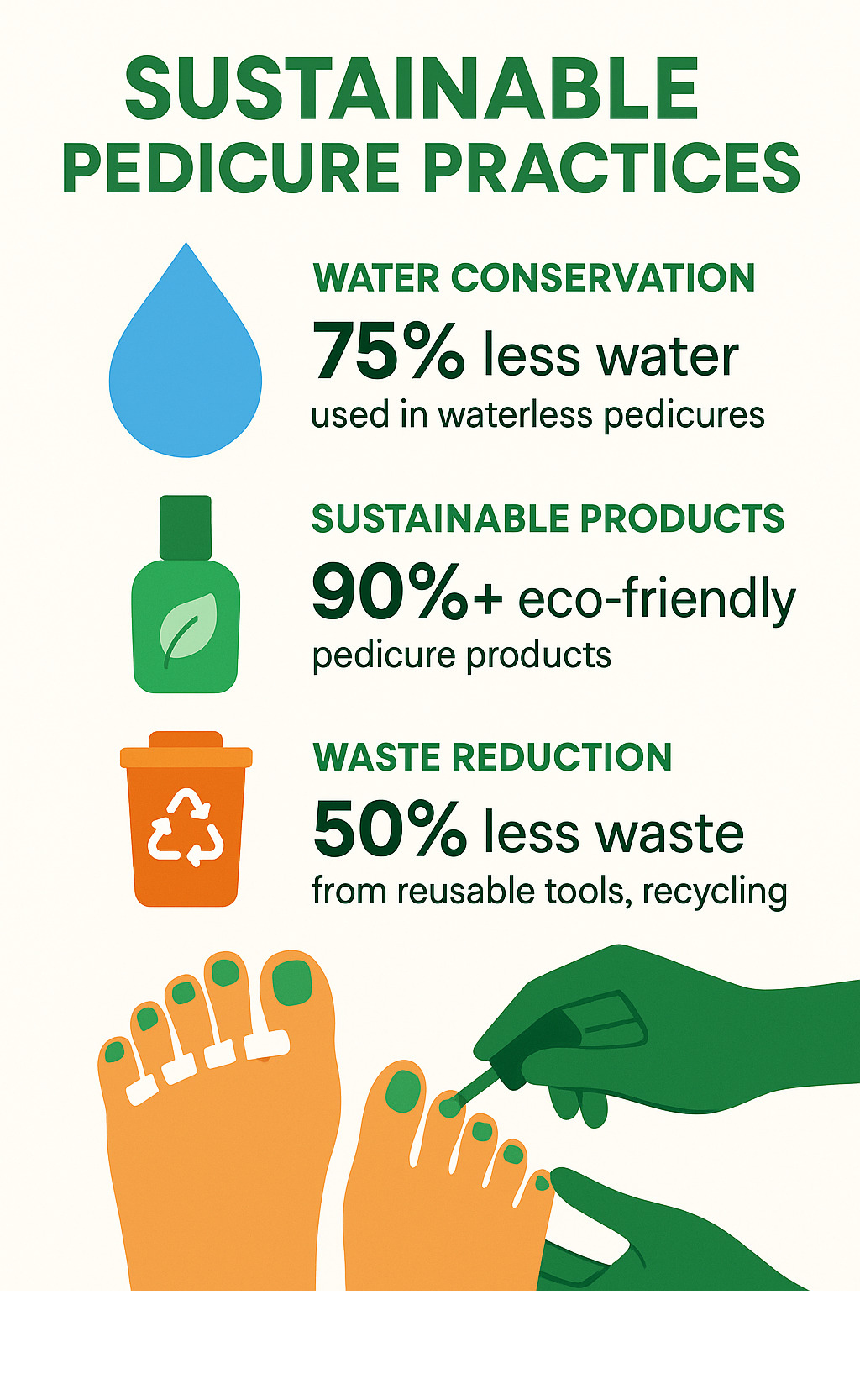 Sustainable pedicure practices infographic showing water savings, eco-friendly products, and waste reduction statistics - pedicure infographic 