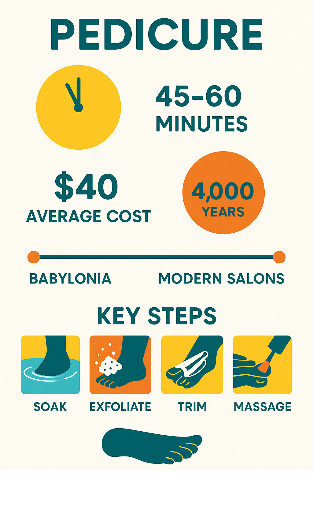 Infographic showing pedicure statistics: 45-60 minute duration, $40 average cost, 4,000 year history from Babylonia to modern salons, and key steps including soak, exfoliate, trim, massage, and polish - pedicure infographic 