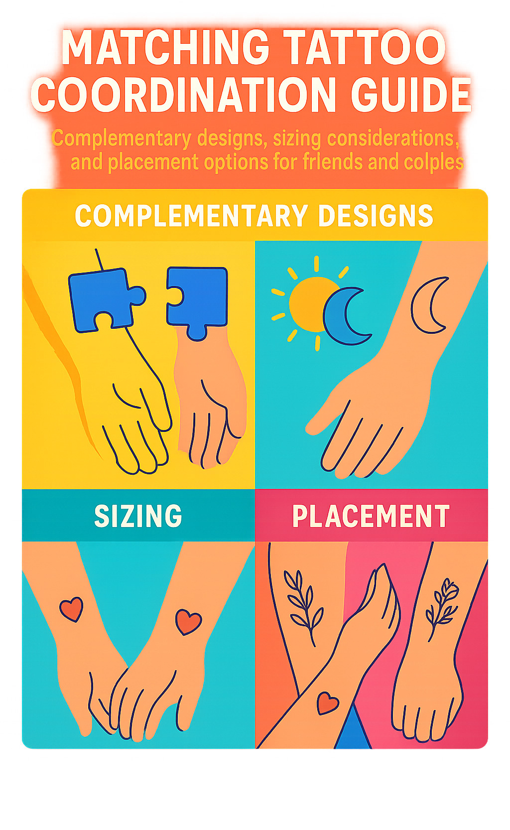 Matching tattoo coordination guide showing complementary designs, sizing considerations, and placement options for friends and couples - tattoo ideas infographic 