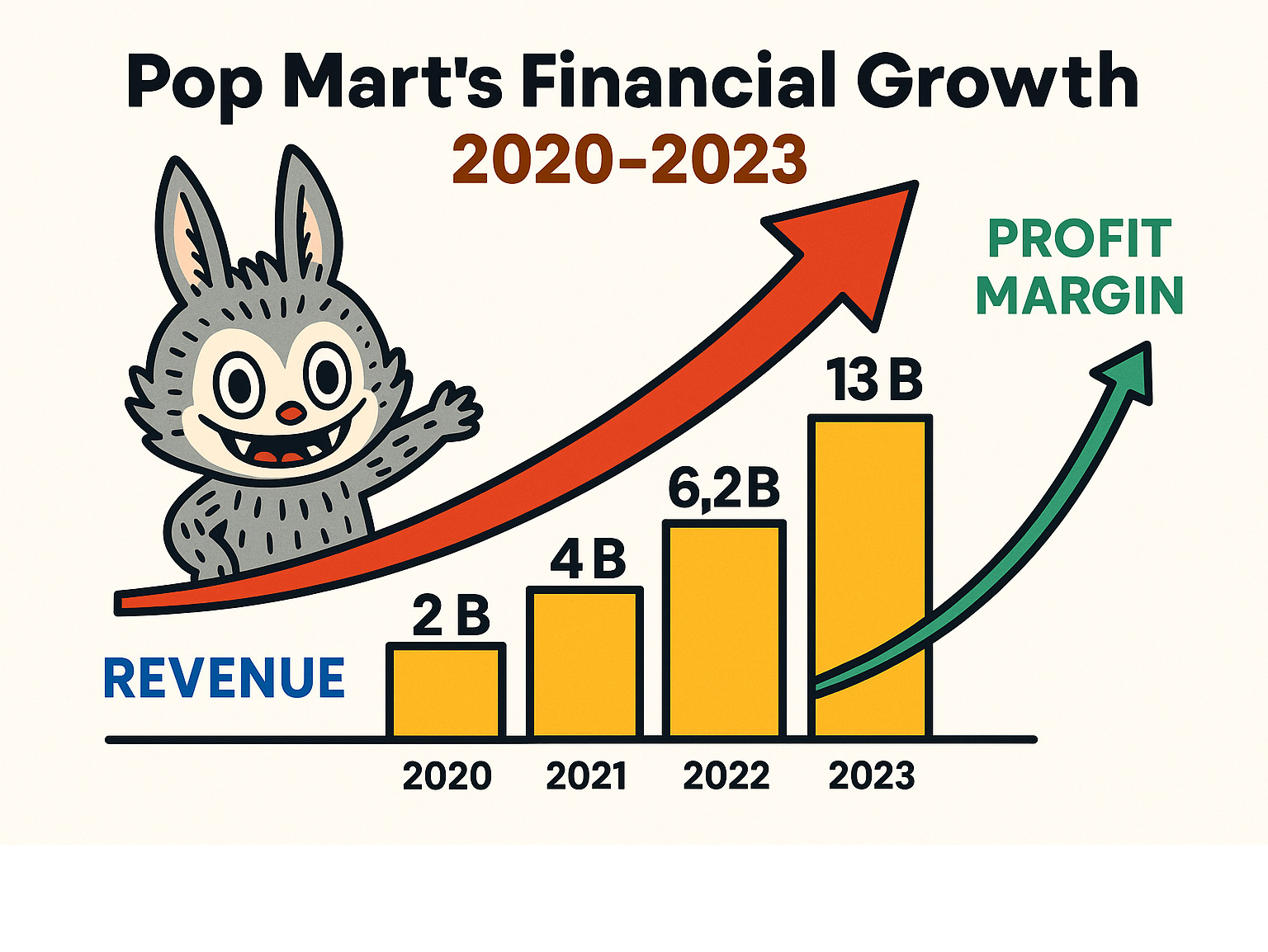 Infographic showing Pop Mart's financial growth from 2020-2023 with revenue climbing from 2.5B to 13B yuan and profit margins expanding - popmart infographic Infographic showing Pop Mart's financial growth from 2020-2023 with revenue climbing from 2.5B to 13B yuan and profit margins expanding - popmart infographic