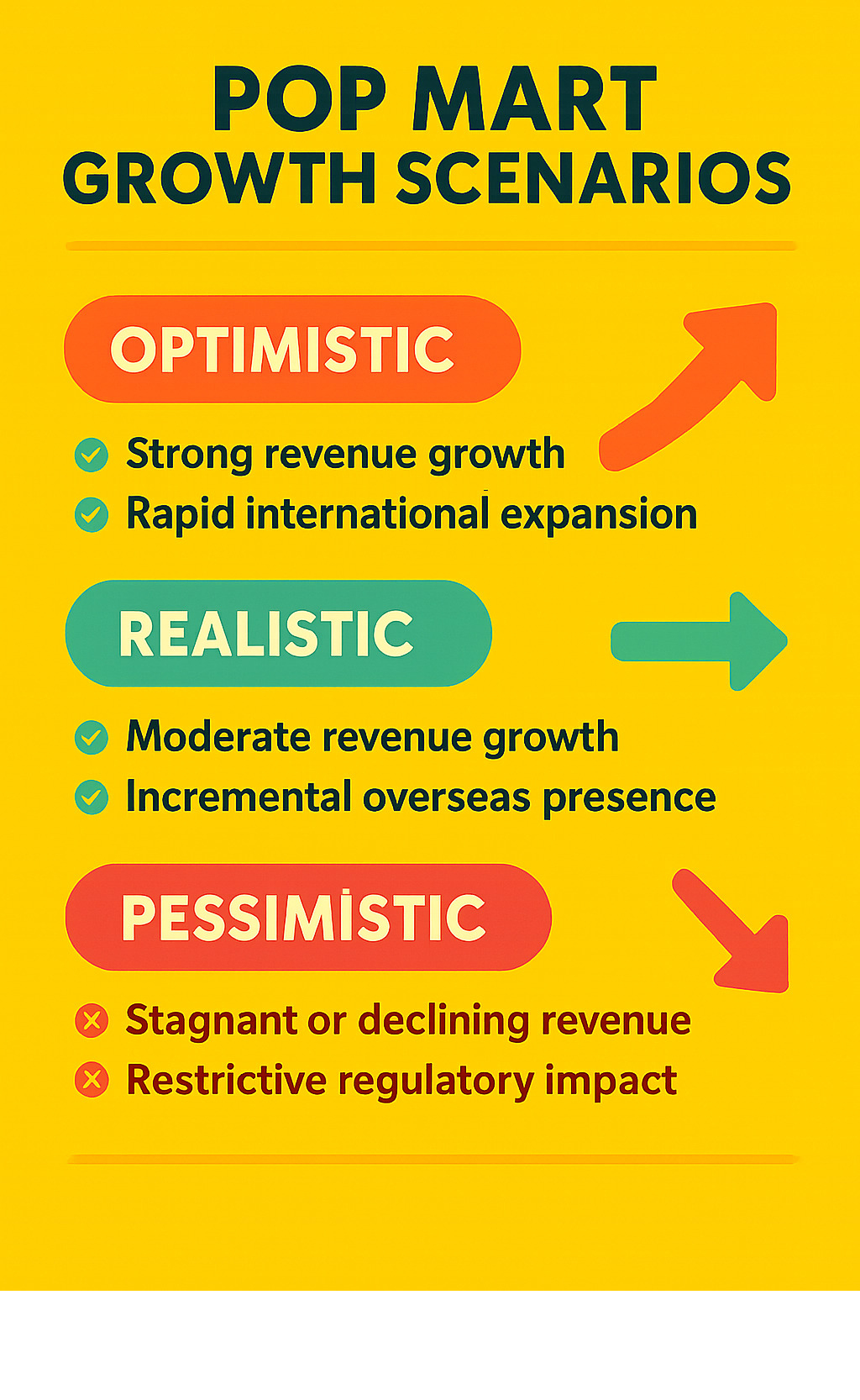 Infographic showing Pop Mart's growth scenarios with optimistic, realistic, and pessimistic projections for revenue, international expansion, and regulatory impact - popmart infographic Infographic showing Pop Mart's growth scenarios with optimistic, realistic, and pessimistic projections for revenue, international expansion, and regulatory impact - popmart infographic