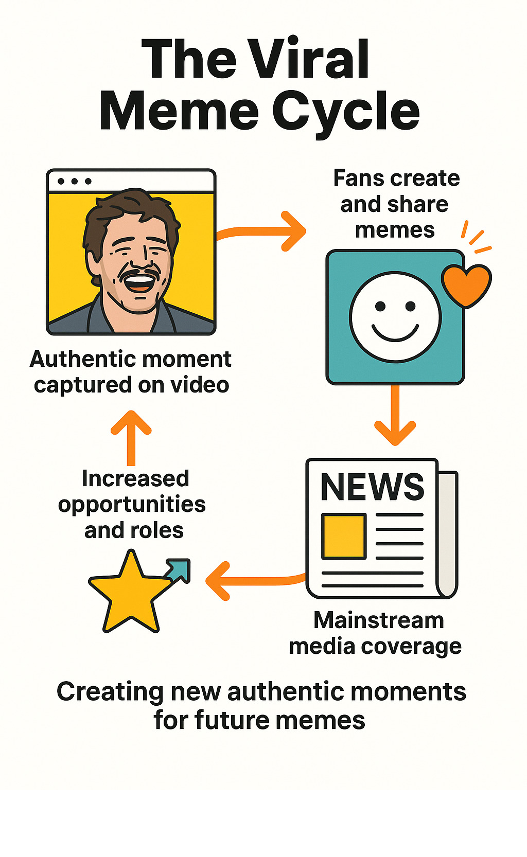 Infographic showing the viral meme cycle: Pedro Pascal authentic moment captured on video, fans create and share memes across social platforms, mainstream media coverage amplifies reach, increased visibility leads to more opportunities and roles, creating new authentic moments for future memes - pedro pascal infographic Infographic showing the viral meme cycle: Pedro Pascal authentic moment captured on video, fans create and share memes across social platforms, mainstream media coverage amplifies reach, increased visibility leads to more opportunities and roles, creating new authentic moments for future memes - pedro pascal infographic