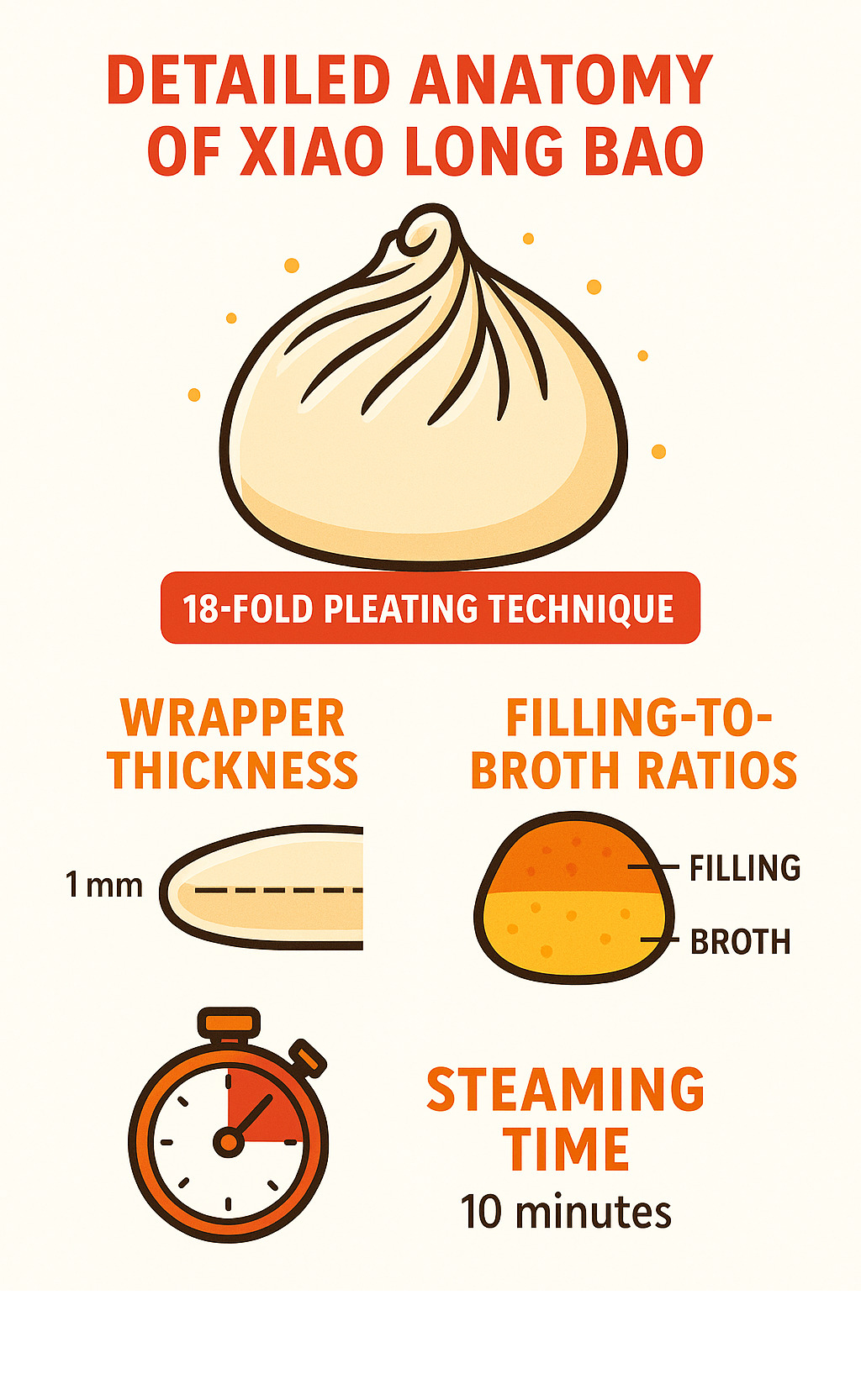 Detailed anatomy of Xiao Long Bao showing 18-fold pleating technique, wrapper thickness measurements, filling-to-broth ratios, and steaming time specifications - din tai fung infographic 