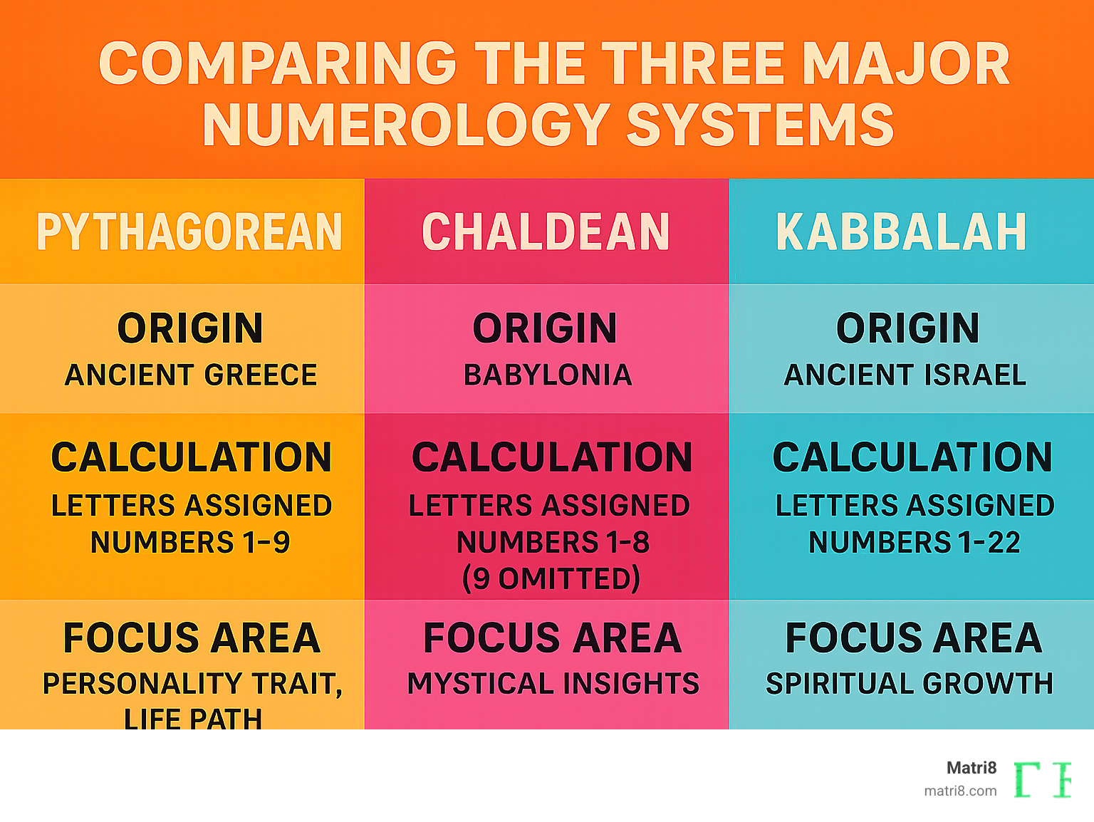 Infographic comparing the three major numerology systems with their origins, calculation methods, and focus areas - numerology compatibility infographic 