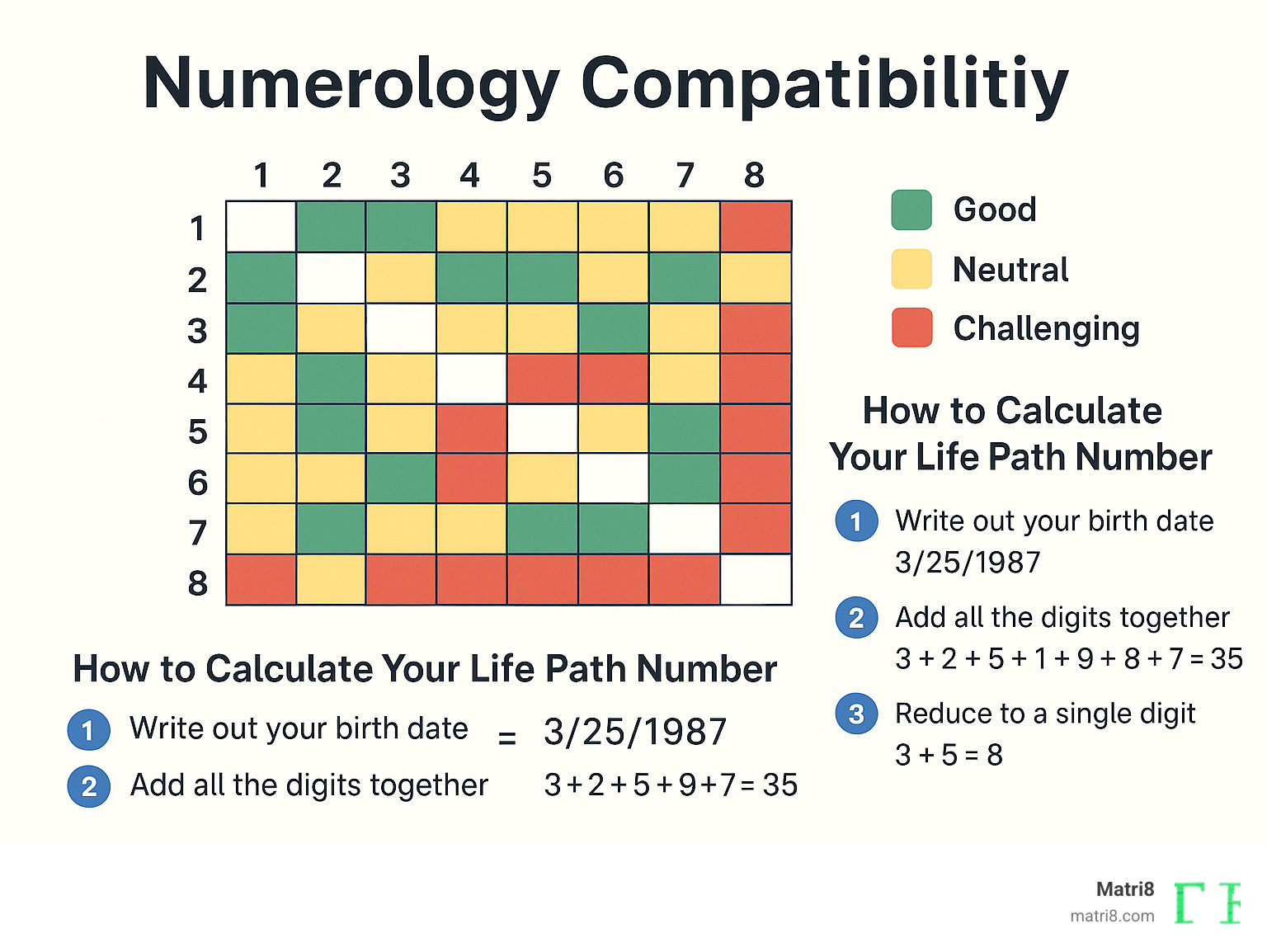 Infographic showing Life Path compatibility matrix with color-coded good, neutral, and challenging matches for numbers 1-9, plus steps to calculate Life Path numbers from birth dates - numerology compatibility infographic 