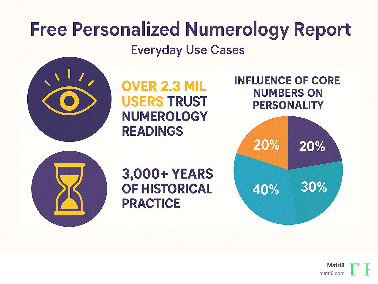 Infographic showing statistics about numerology usage: over 2.3 million users trust numerology readings, 3000+ years of historical practice, and breakdown of core numbers by percentage of influence on personality - free personalized numerology report infographic 