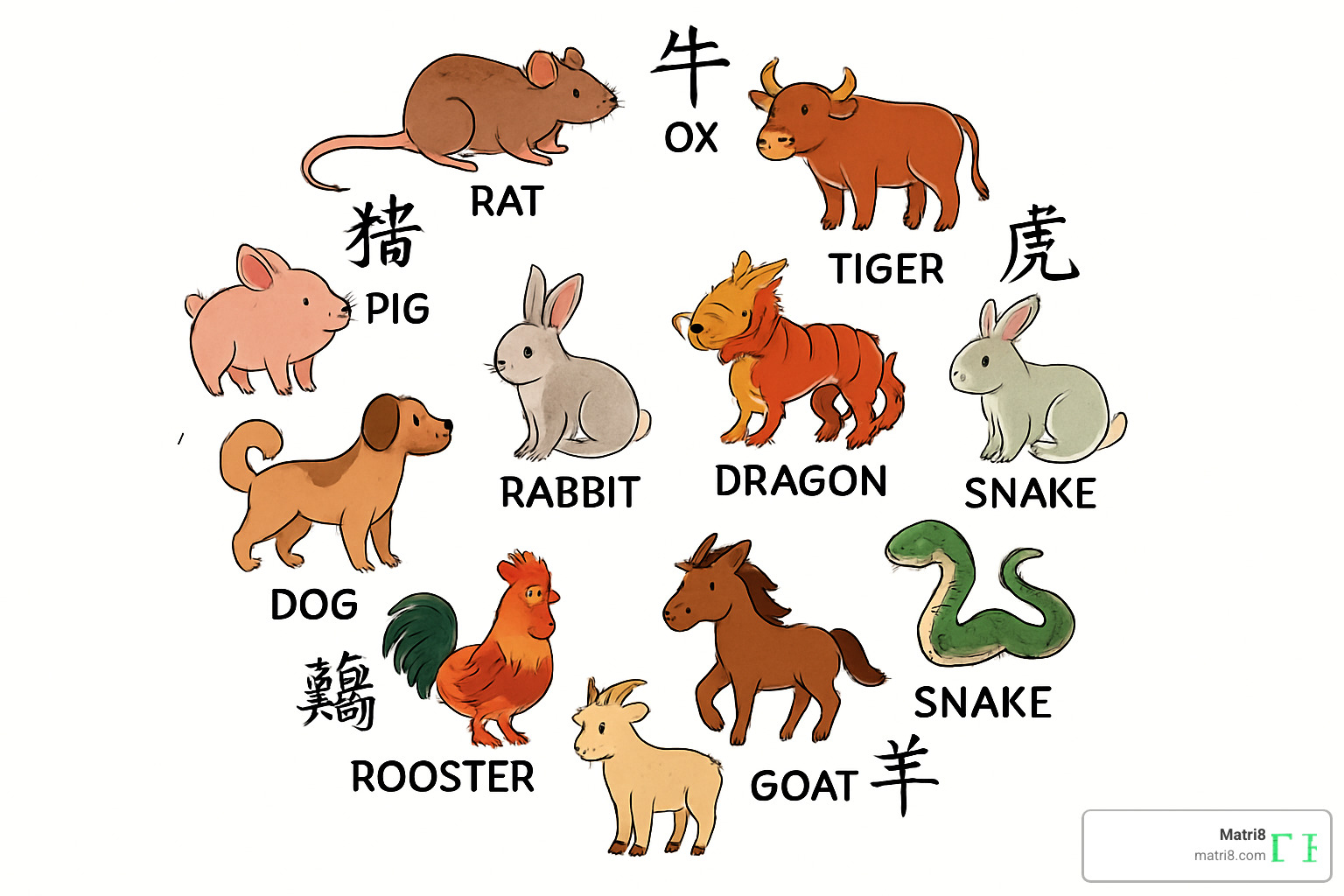 zodiac animals arranged in a circle with their traditional Chinese characters and symbolic representations - chinese zodiac fortune telling