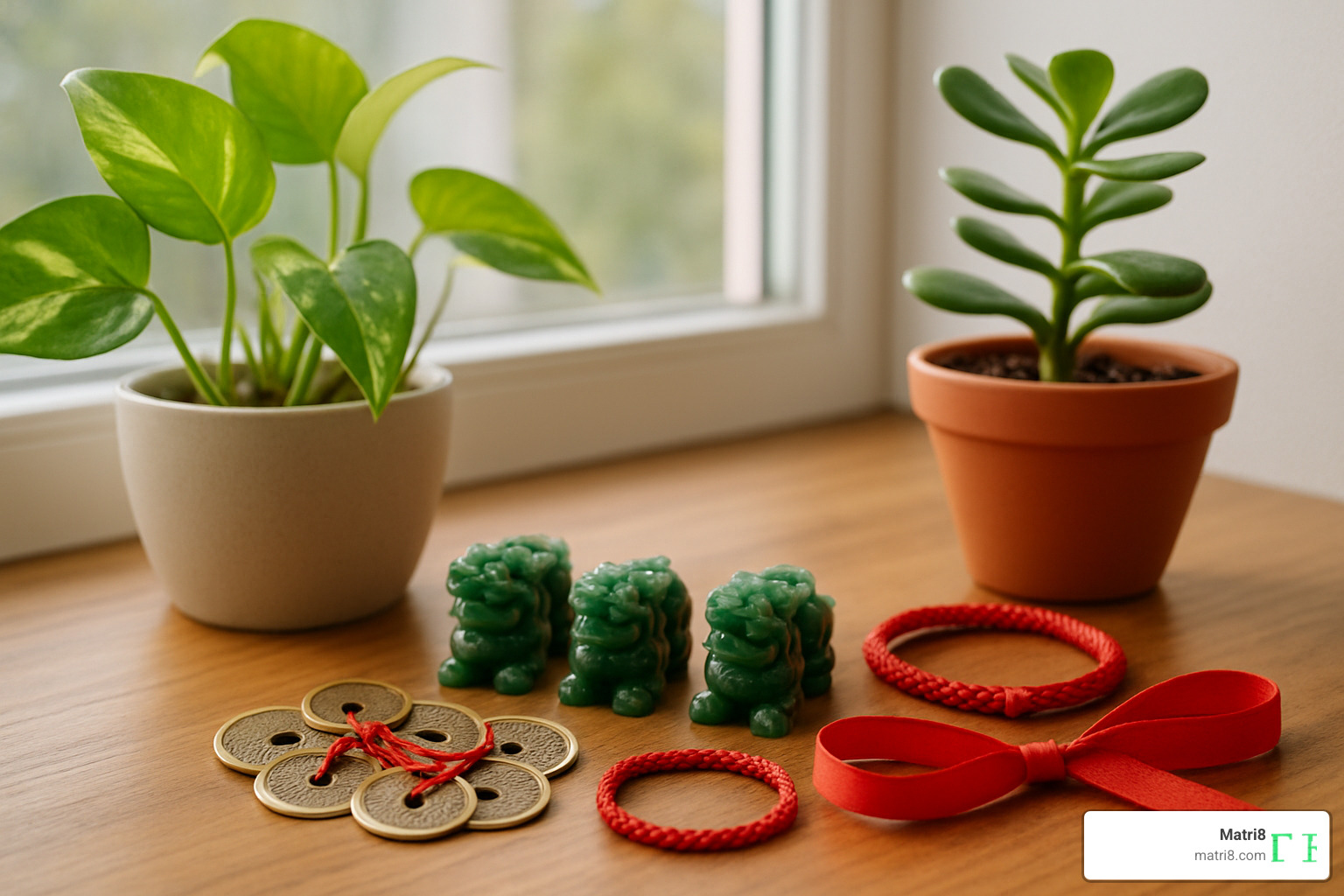 Collection of feng shui items including red accessories, jade Pi Xie figurines, small plants, and traditional Chinese coins arranged on a wooden surface with eastern-facing window light - chinese zodiac sign for 2025