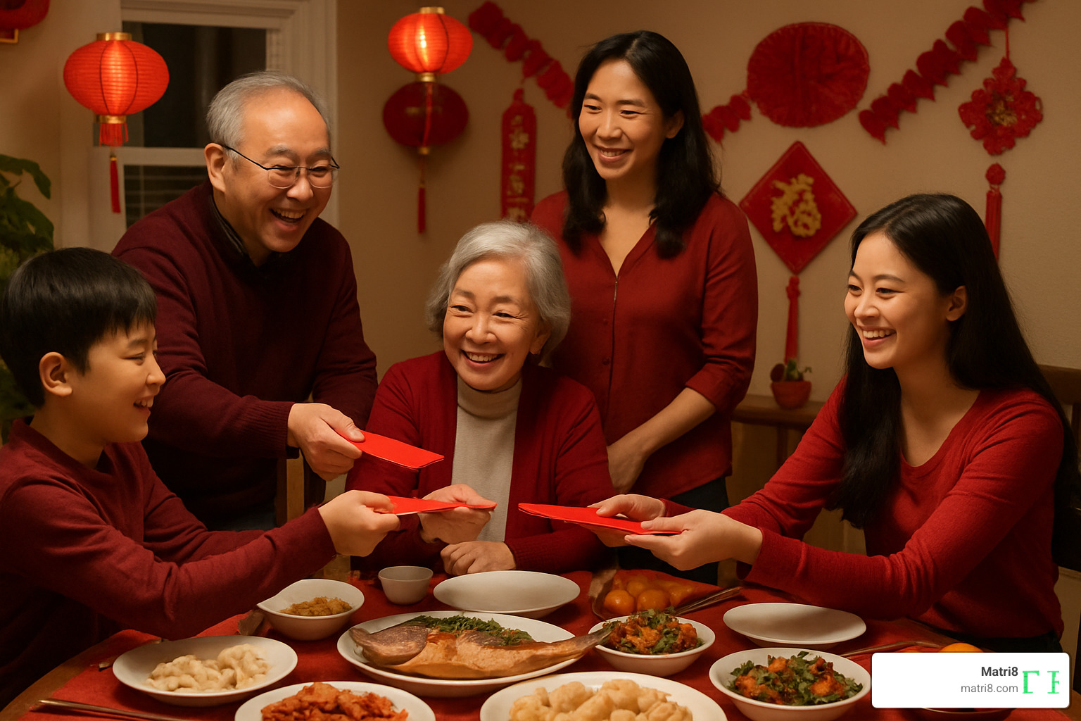 Traditional scene of a multi-generational family exchanging red envelopes during Chinese New Year dinner, with symbolic foods like fish and dumplings on the table, red decorations in the background - chinese zodiac sign for 2025
