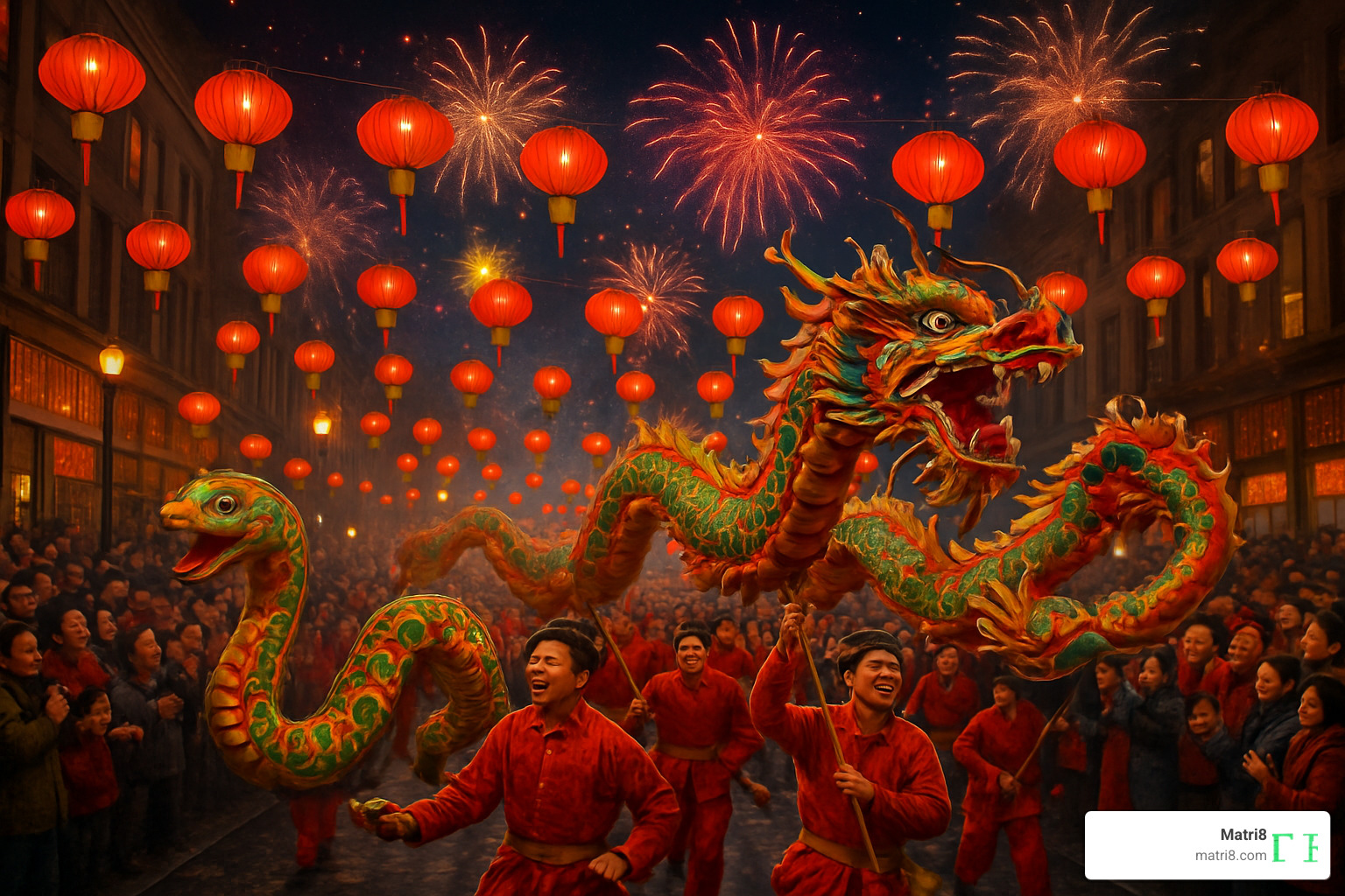 Vibrant scene of a traditional Chinese New Year parade featuring both dragon and snake dancers, with red lanterns, fireworks, and crowds celebrating in the streets - chinese zodiac sign for 2025