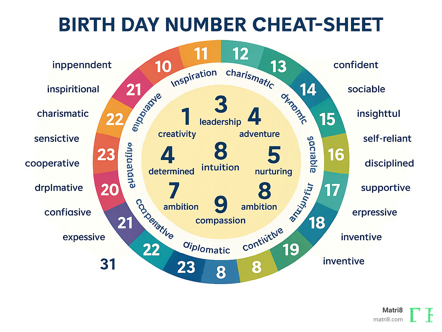 Infographic displaying keywords and traits for birth day numbers 1-31, organized in a circular pattern with single digits in the center, double digits in middle ring, and special master numbers highlighted - birthday numerology reading infographic Infographic displaying keywords and traits for birth day numbers 1-31, organized in a circular pattern with single digits in the center, double digits in middle ring, and special master numbers highlighted - birthday numerology reading infographic