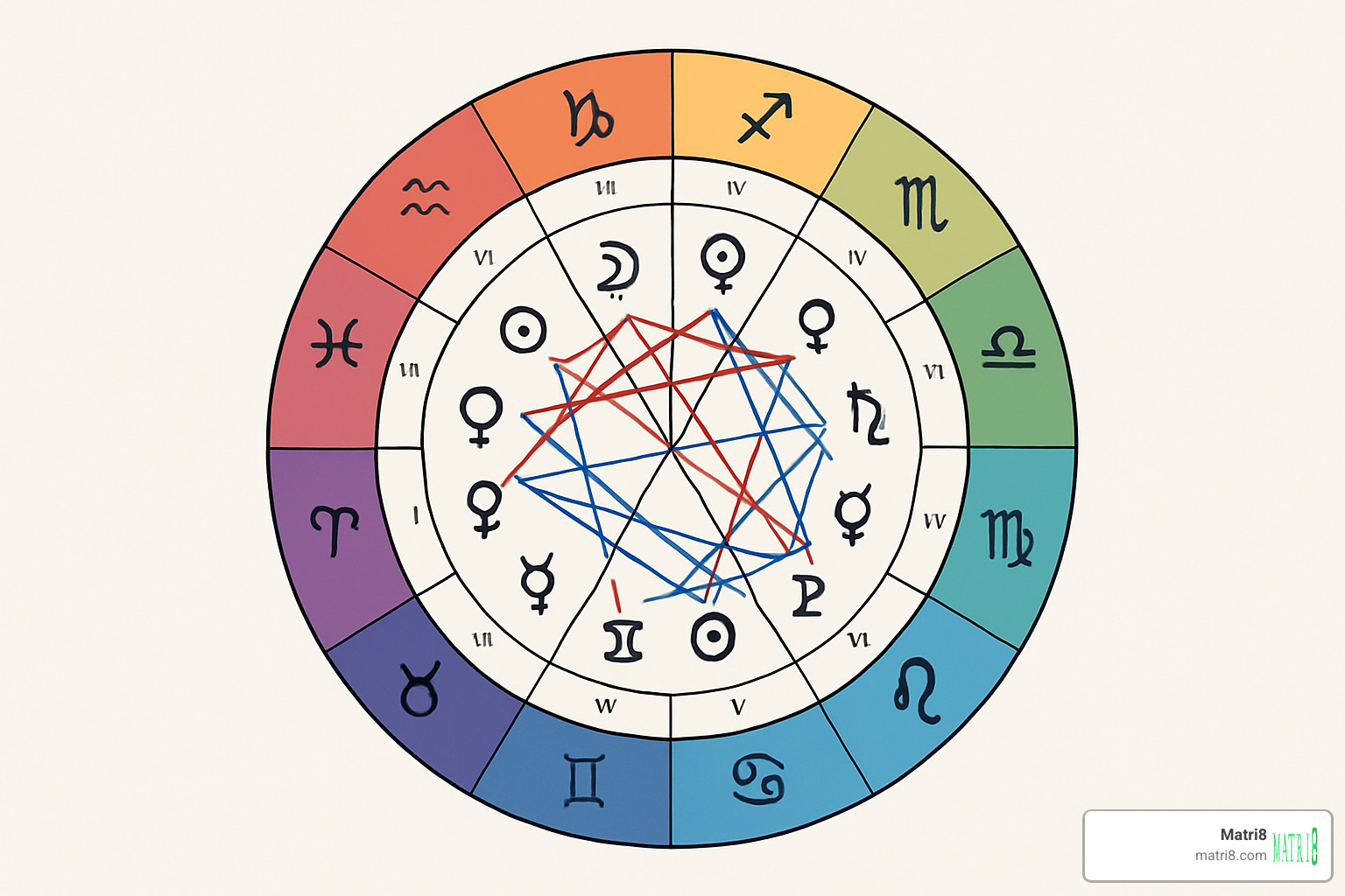 Birth chart wheel with planetary positions and aspects highlighted - free astrology tools