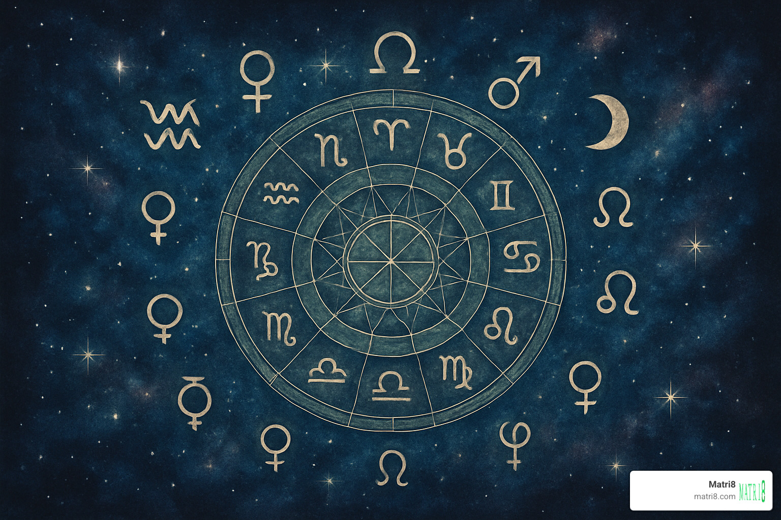 Cosmic chart surrounded by various astrological symbols representing the journey of self-findy - free astrology tools