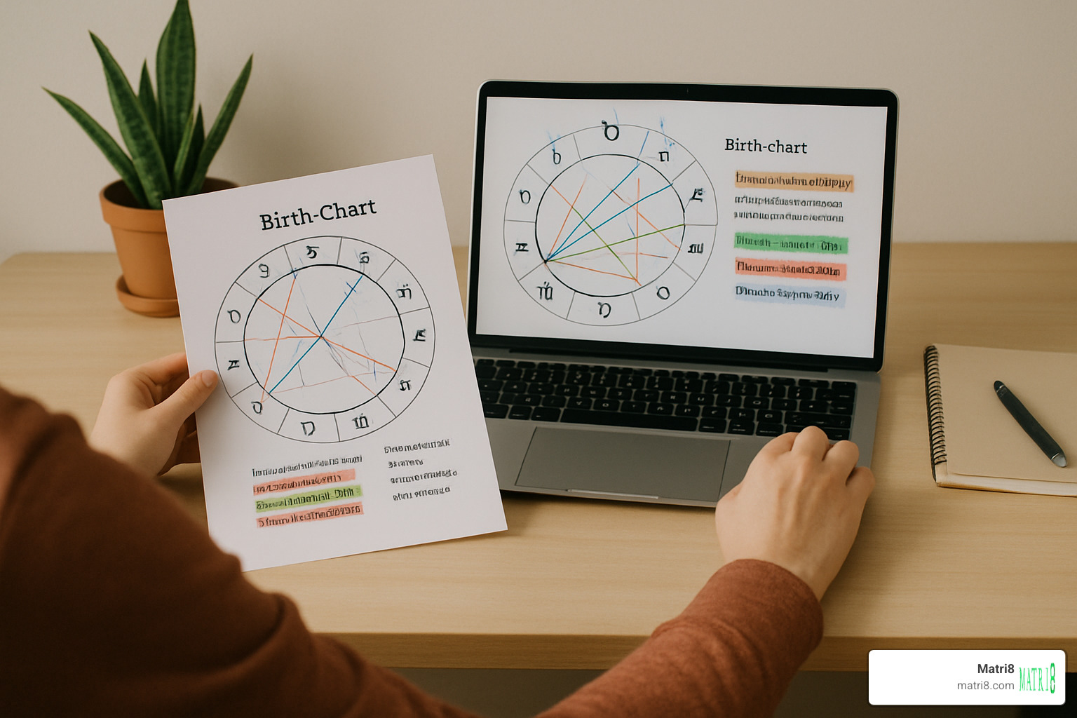 Person studying their birth chart with highlighted aspects and interpretations - free astrology tools