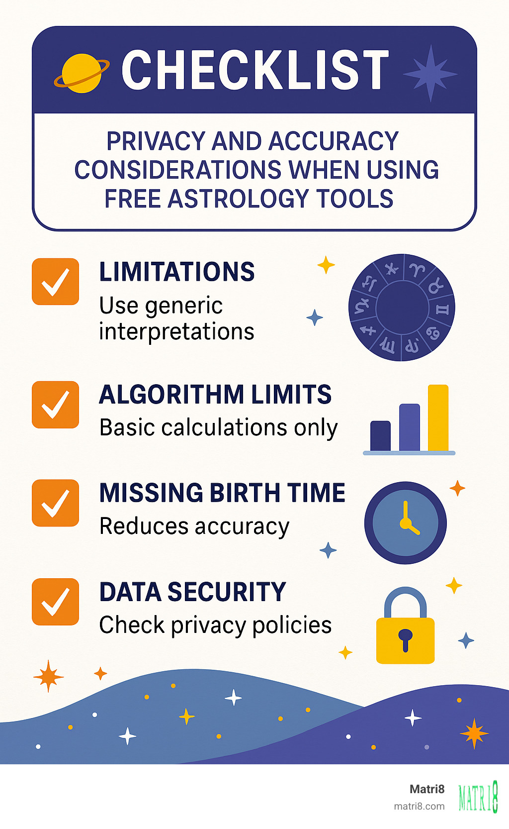 Checklist showing privacy and accuracy considerations when using free astrology tools - free astrology tools infographic 