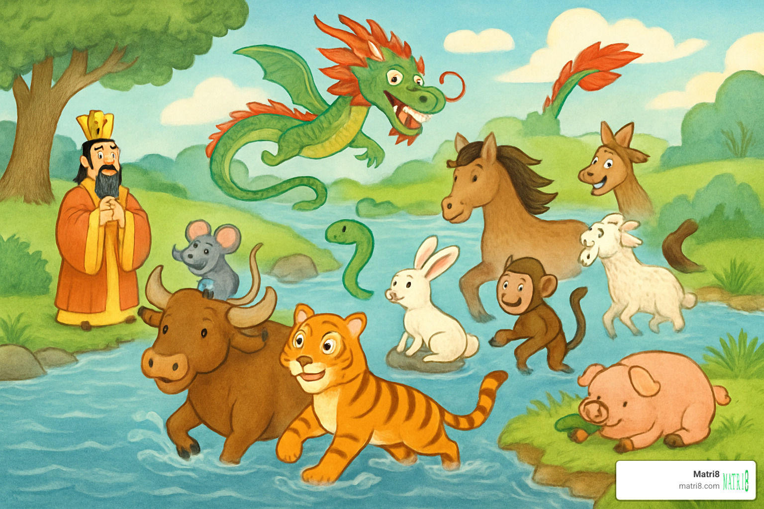 Legend of the Jade Emperor's river race showing animals crossing water to determine zodiac order - chinese zodiac sign quiz Legend of the Jade Emperor's river race showing animals crossing water to determine zodiac order - chinese zodiac sign quiz