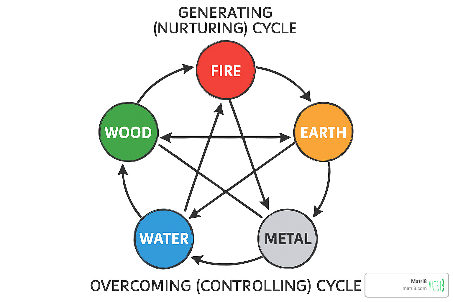 Five-element star diagram showing Wood, Fire, Earth, Metal, and Water in their generating and overcoming cycles - chinese zodiac sign quiz Five-element star diagram showing Wood, Fire, Earth, Metal, and Water in their generating and overcoming cycles - chinese zodiac sign quiz