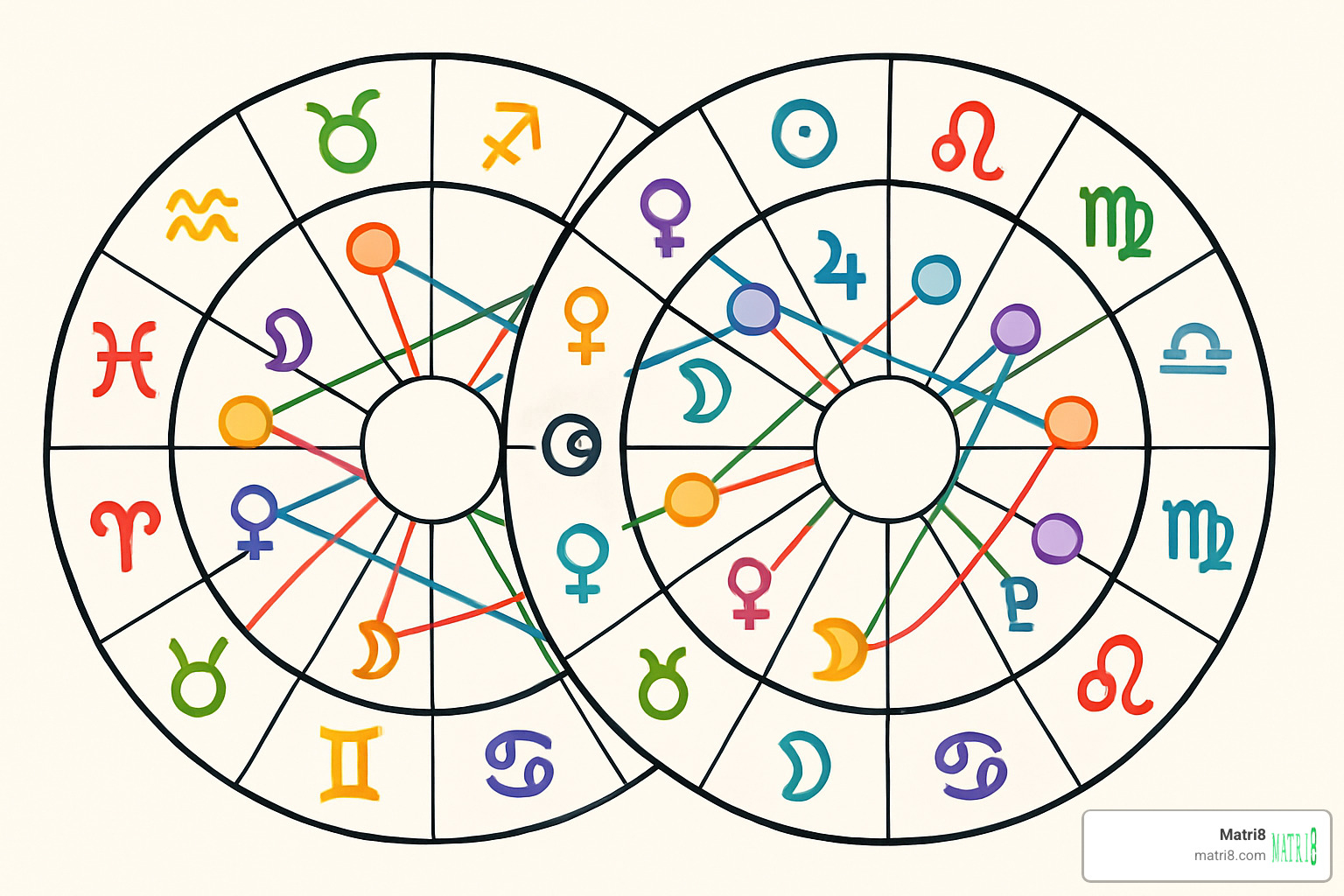 Overlapping astrological birth charts showing planetary aspects and house positions between two people - zodiac compatibility calculator Overlapping astrological birth charts showing planetary aspects and house positions between two people - zodiac compatibility calculator