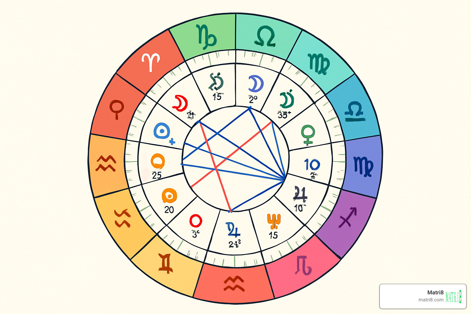 color-coded sample birth chart with highlighted planetary placements - zodiac birth chart interpretation