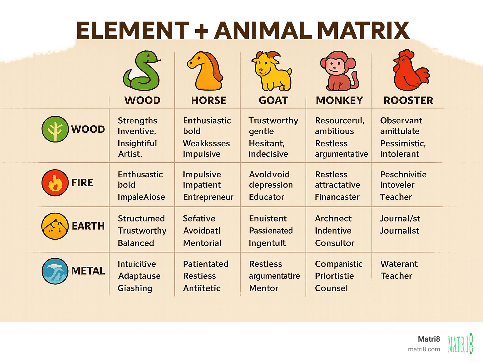 Infographic showing element-animal combinations with strengths, weaknesses, and career recommendations for each of the 60 possible combinations - chinese zodiac sign quiz infographic Infographic showing element-animal combinations with strengths, weaknesses, and career recommendations for each of the 60 possible combinations - chinese zodiac sign quiz infographic