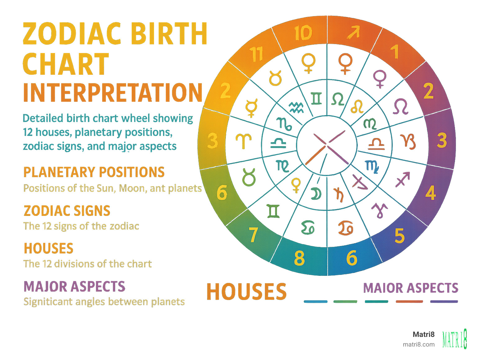 Detailed birth chart wheel showing 12 houses, planetary positions, zodiac signs, and major aspects with color-coded elements and symbols - zodiac birth chart interpretation infographic 