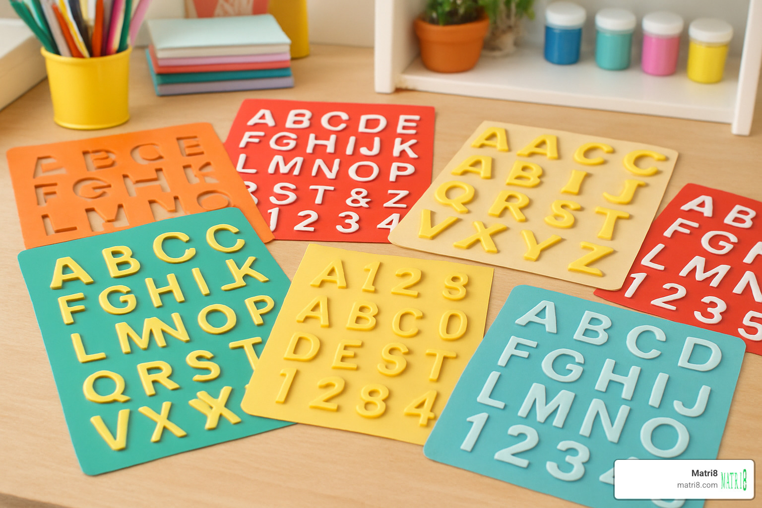 Various craft stencils and die-cuts showing alphabet letters with their corresponding numbers for creative projects - alphabet numbers