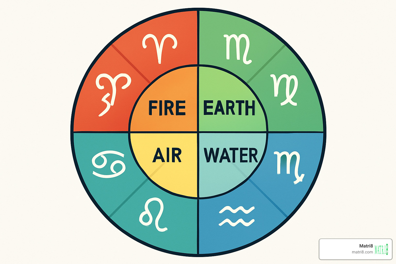 zodiac wheel showing four elements with connecting lines between compatible signs - zodiac signs and compatibility