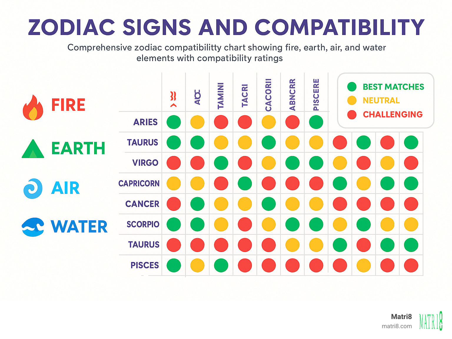 Comprehensive zodiac compatibility chart showing fire, earth, air and water elements with compatibility ratings between all 12 signs, including best matches, challenging pairings, and neutral combinations with color-coded system - zodiac signs and compatibility infographic 