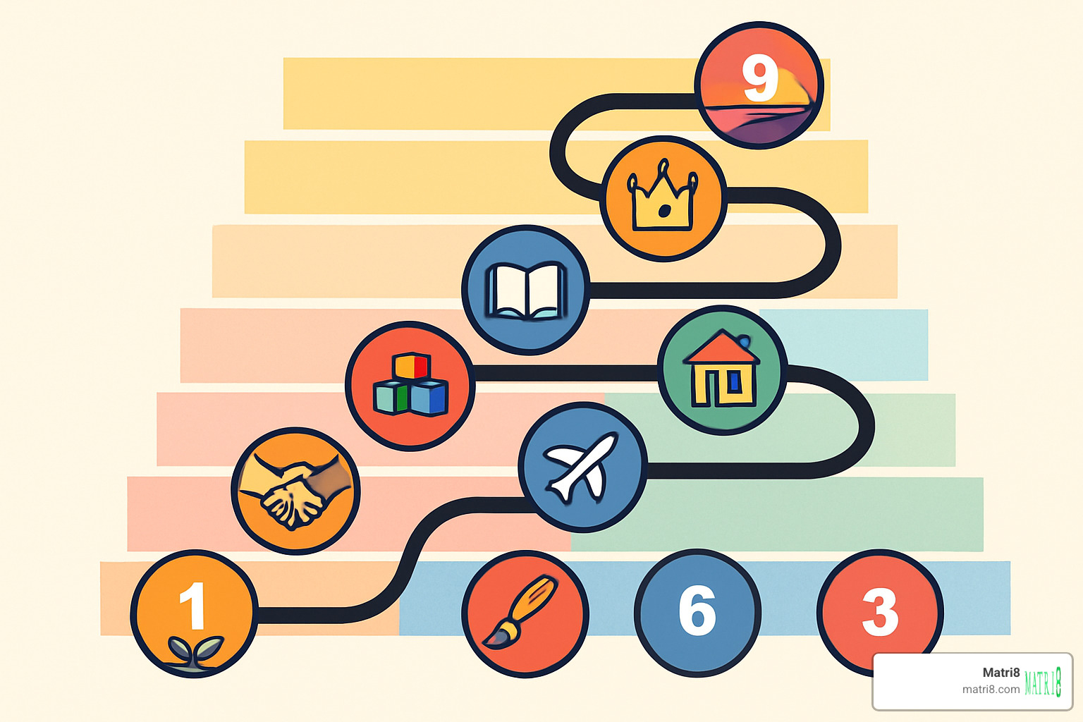 Roadmap illustration showing a winding path with numbered milestones 1-9, each milestone marked with relevant symbols like a seedling for 1, handshake for 2, paintbrush for 3, building blocks for 4, airplane for 5, house for 6, book for 7, crown for 8, and sunset for 9, overlaid on a nine-step ladder structure - personal year cycle calculator