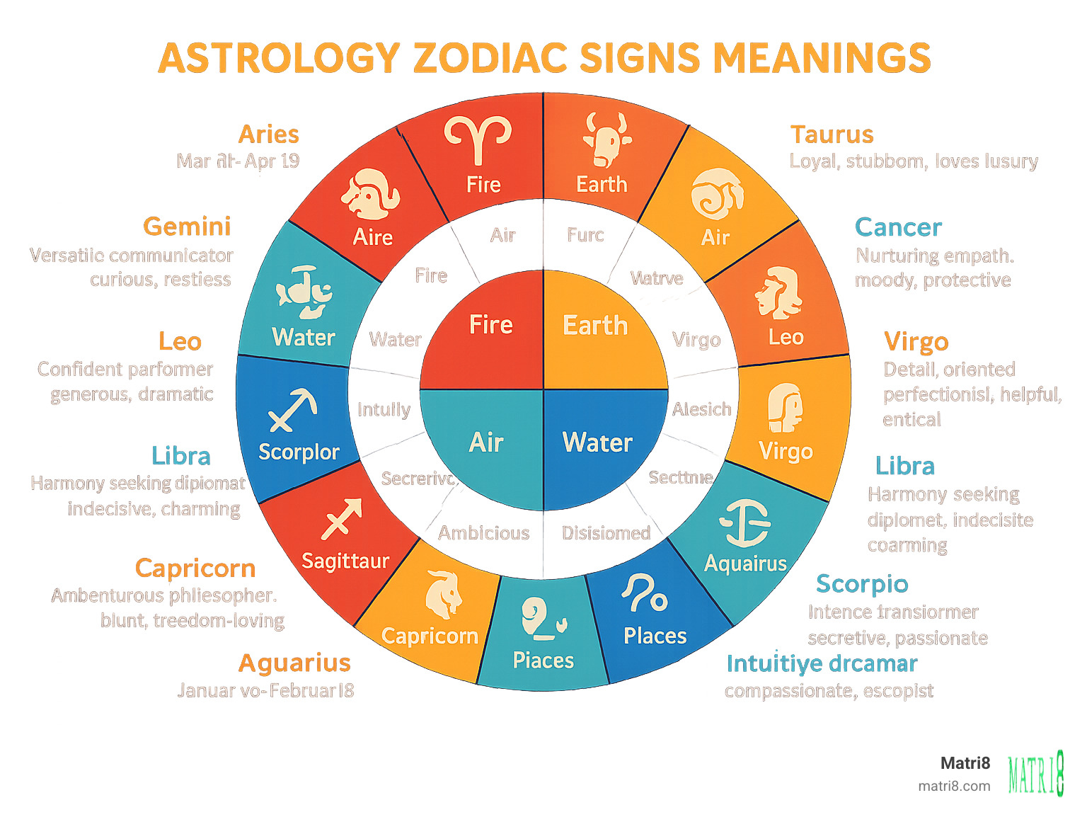 Comprehensive infographic showing the 12 zodiac signs arranged in a circle with their symbols, date ranges, elements (fire, earth, air, water), and key personality traits for each sign - astrology zodiac signs meanings infographic 
