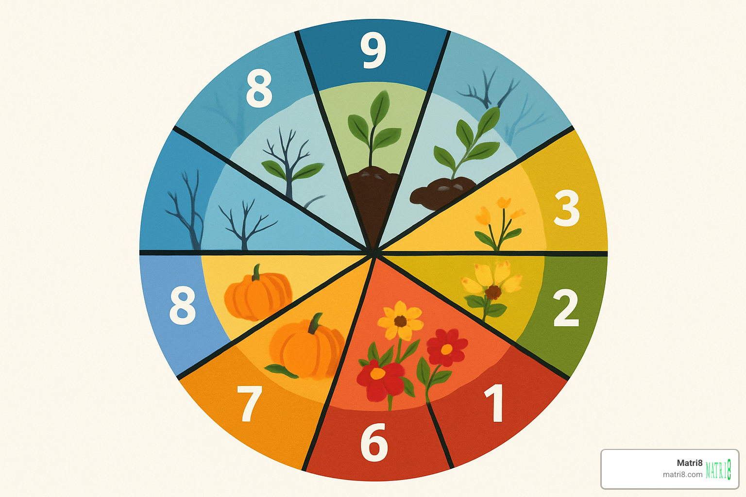 Nine-year numerology cycle wheel showing the progression from 1 to 9 with seasonal metaphors - personal year number