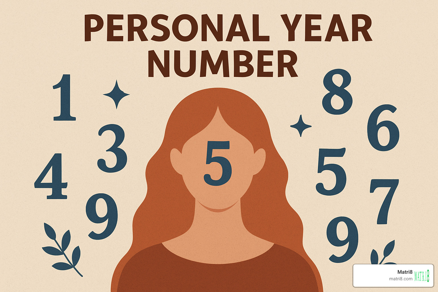 Circular diagram showing the nine personal year numbers with their key themes, colors, and symbolic representations - personal year number