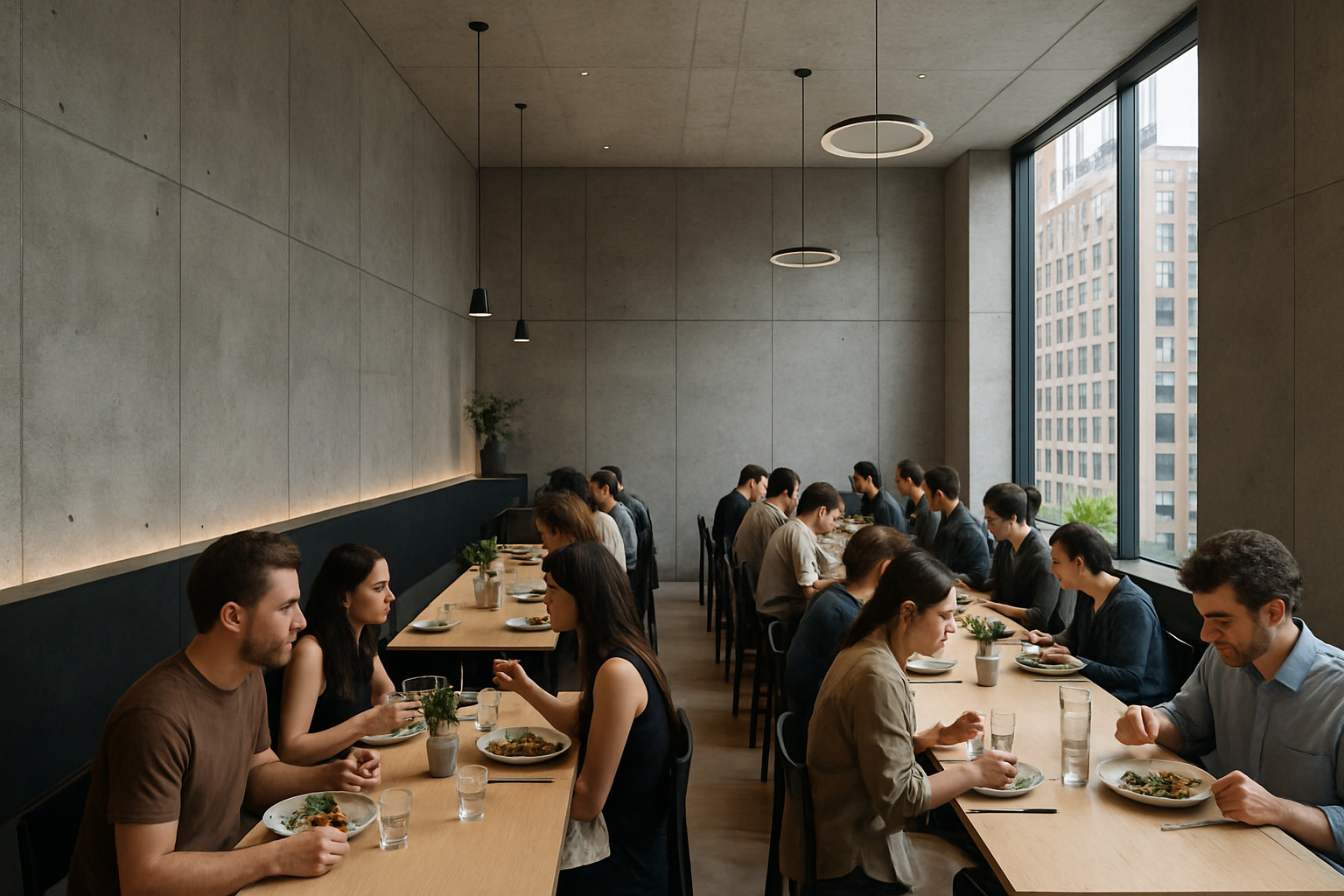 Concrete-clad dining room with communal tables - atoboy