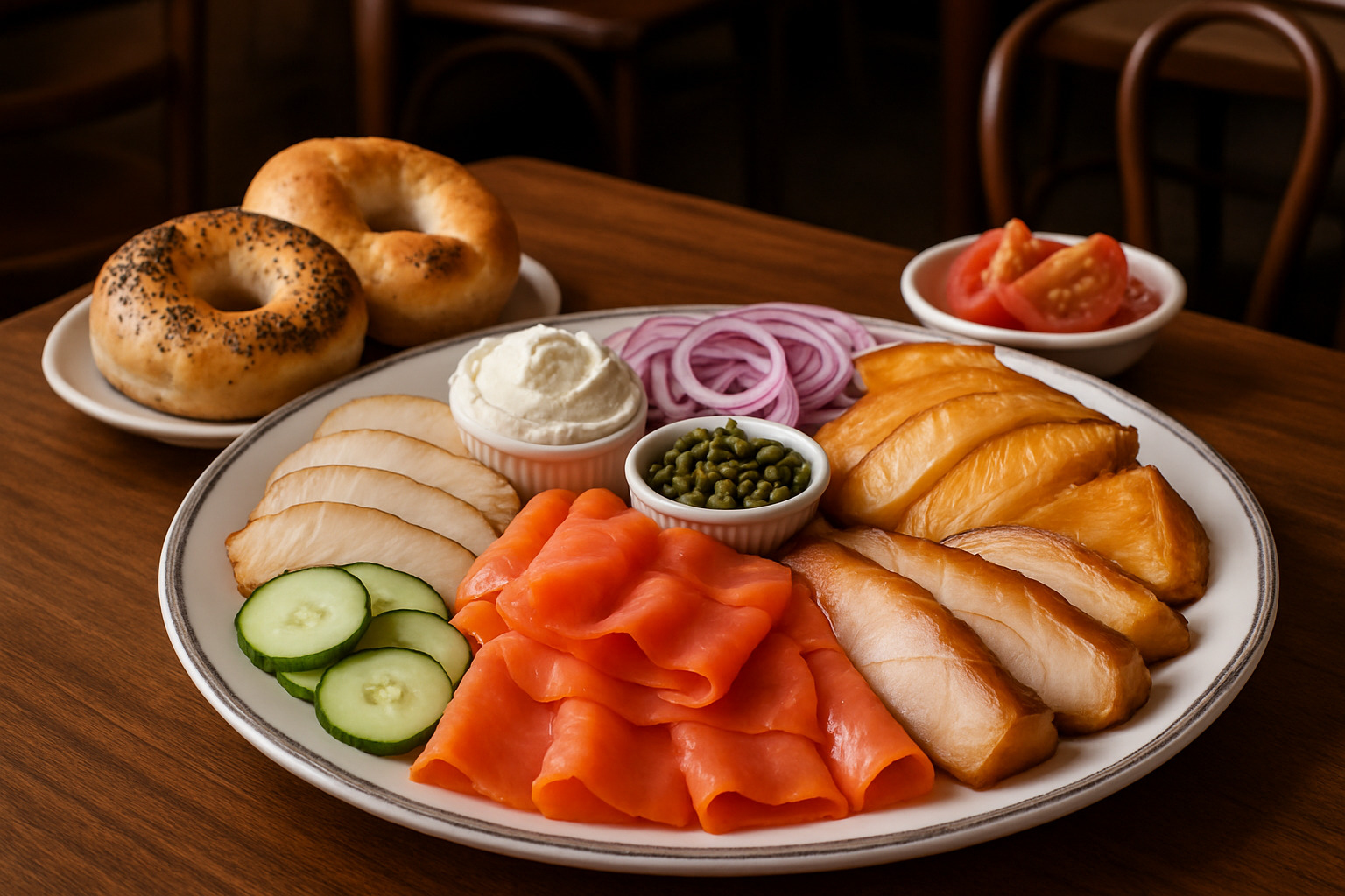 Neat platter of assorted smoked fish including sturgeon, nova lox, and sable with bagels and traditional accompaniments - barney greengrass Neat platter of assorted smoked fish including sturgeon, nova lox, and sable with bagels and traditional accompaniments - barney greengrass