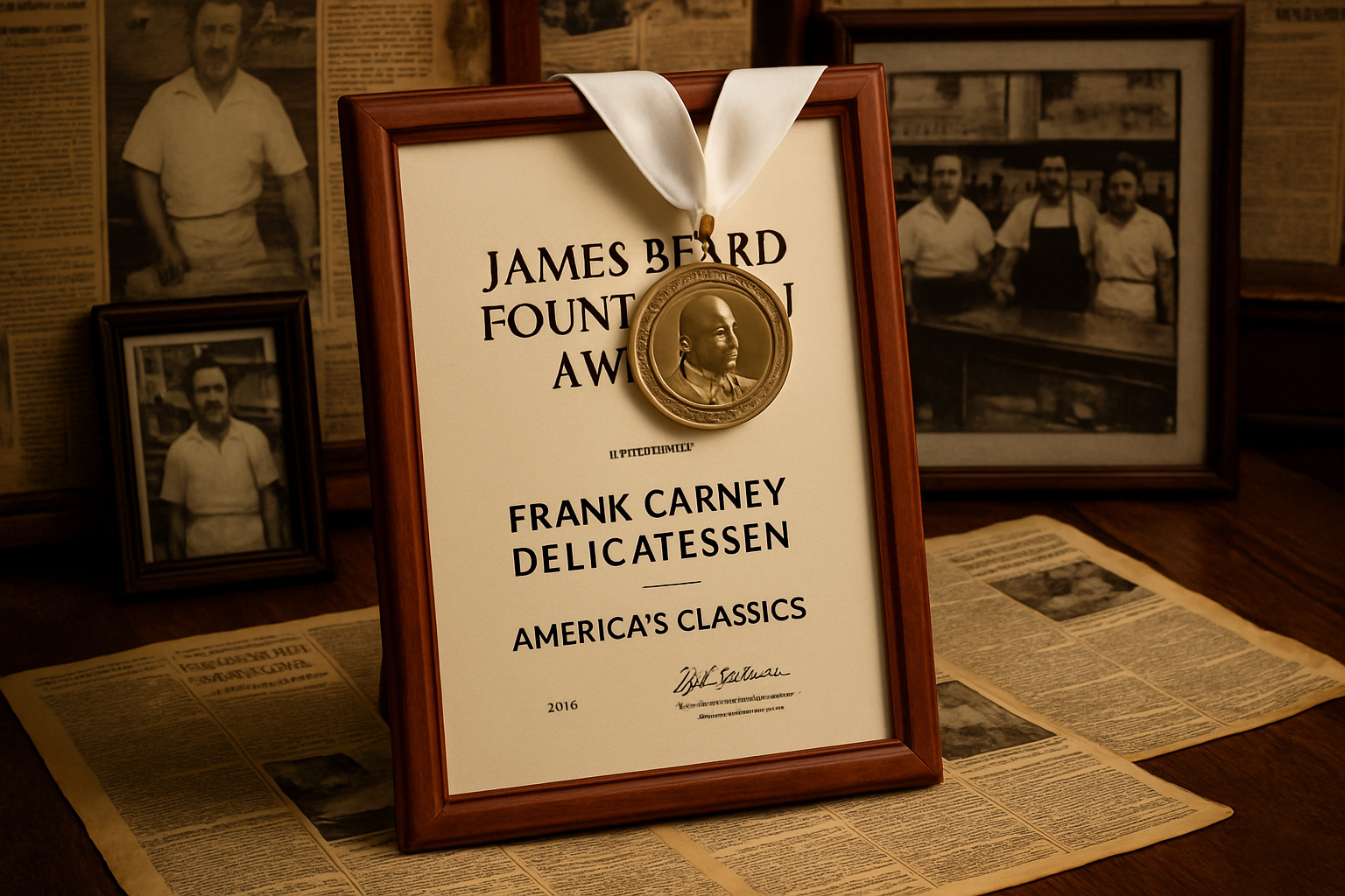 James Beard Foundation medal and award certificate displayed alongside newspaper clippings and recognition photos - barney greengrass James Beard Foundation medal and award certificate displayed alongside newspaper clippings and recognition photos - barney greengrass