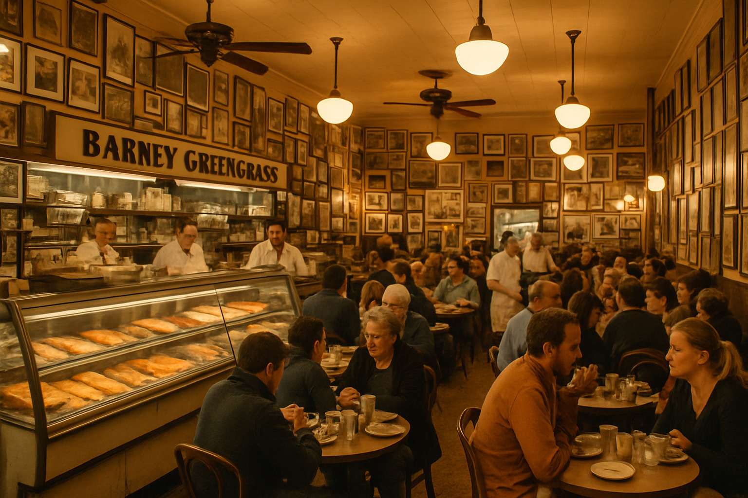 Vintage interior of Barney Greengrass showing classic deli counter, memorabilia on walls, and busy weekend brunch atmosphere - barney greengrass Vintage interior of Barney Greengrass showing classic deli counter, memorabilia on walls, and busy weekend brunch atmosphere - barney greengrass