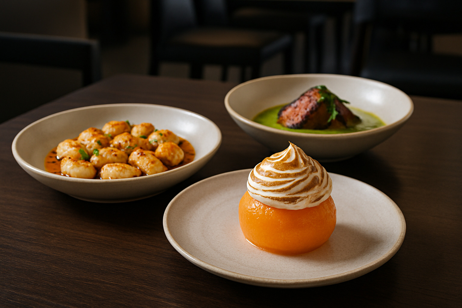 Signature dishes from Crown Shy including ricotta gnocchi with spice hit, roasted Japanese sweet potato in green curry, and creamsicle-inspired satsuma ice with torched marshmallow - crown shy