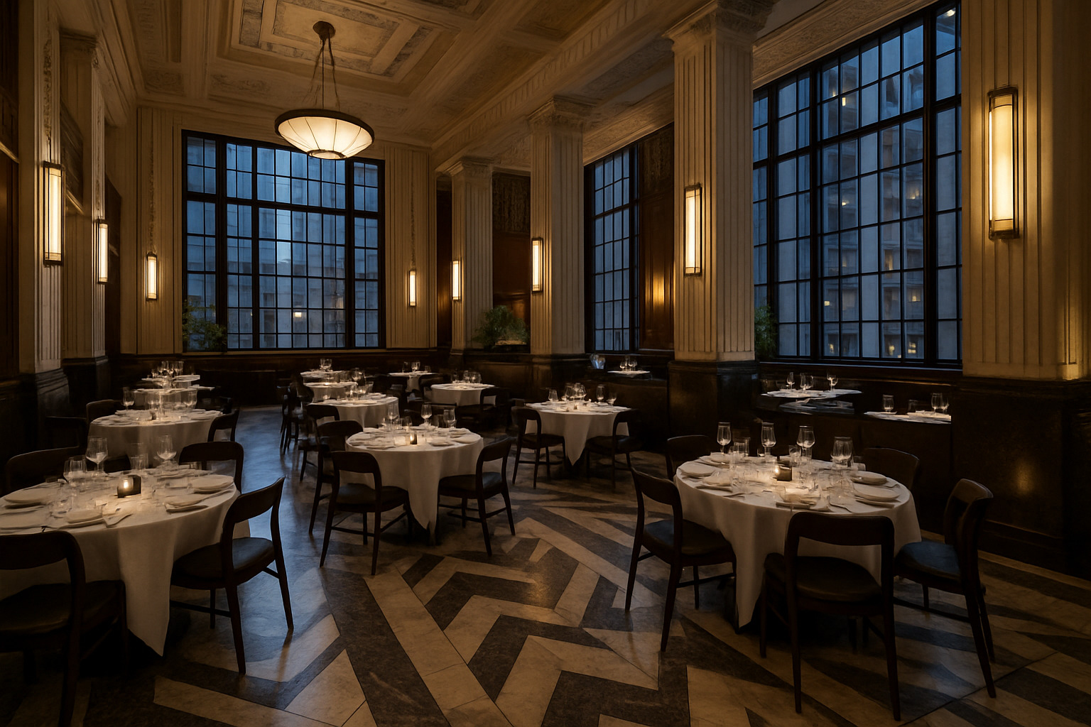Interior view of Crown Shy dining room showing Art Deco architecture, marble floors, soaring ceilings, and neat table settings with ambient lighting - crown shy