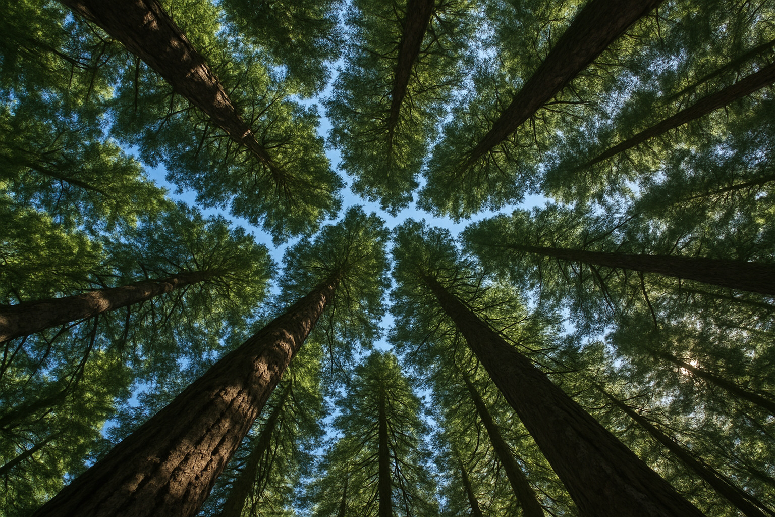 Interlocking tree crowns showing crown shyness phenomenon with visible sky channels between canopy gaps in a forest setting - crown shy