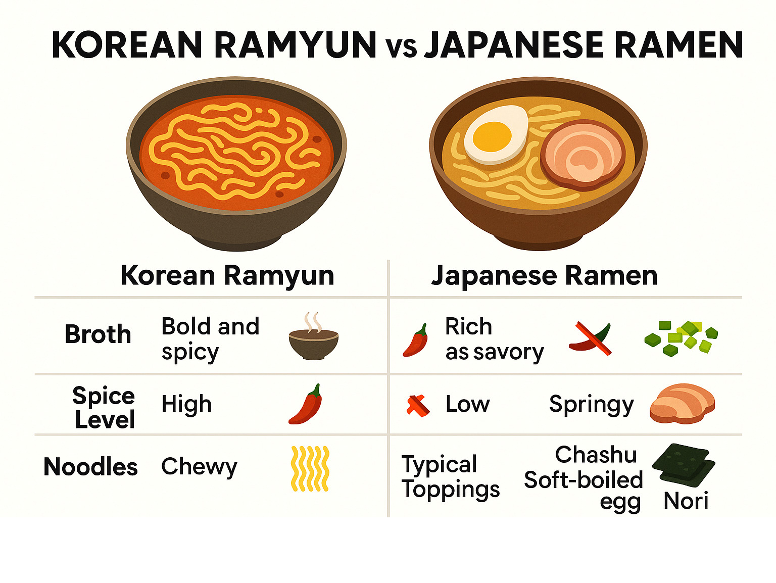 Korean ramyun vs Japanese ramen comparison showing differences in broth styles, spice levels, noodle textures, and typical toppings between the two noodle traditions - jeju noodle bar infographic Korean ramyun vs Japanese ramen comparison showing differences in broth styles, spice levels, noodle textures, and typical toppings between the two noodle traditions - jeju noodle bar infographic
