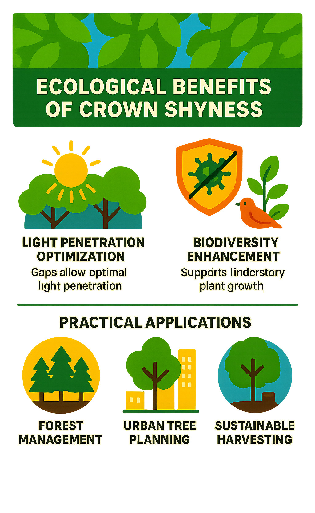 Infographic illustrating ecological benefits of crown shyness including light penetration optimization, disease prevention, biodiversity improvement, and practical applications in forestry and urban planning - crown shy infographic 