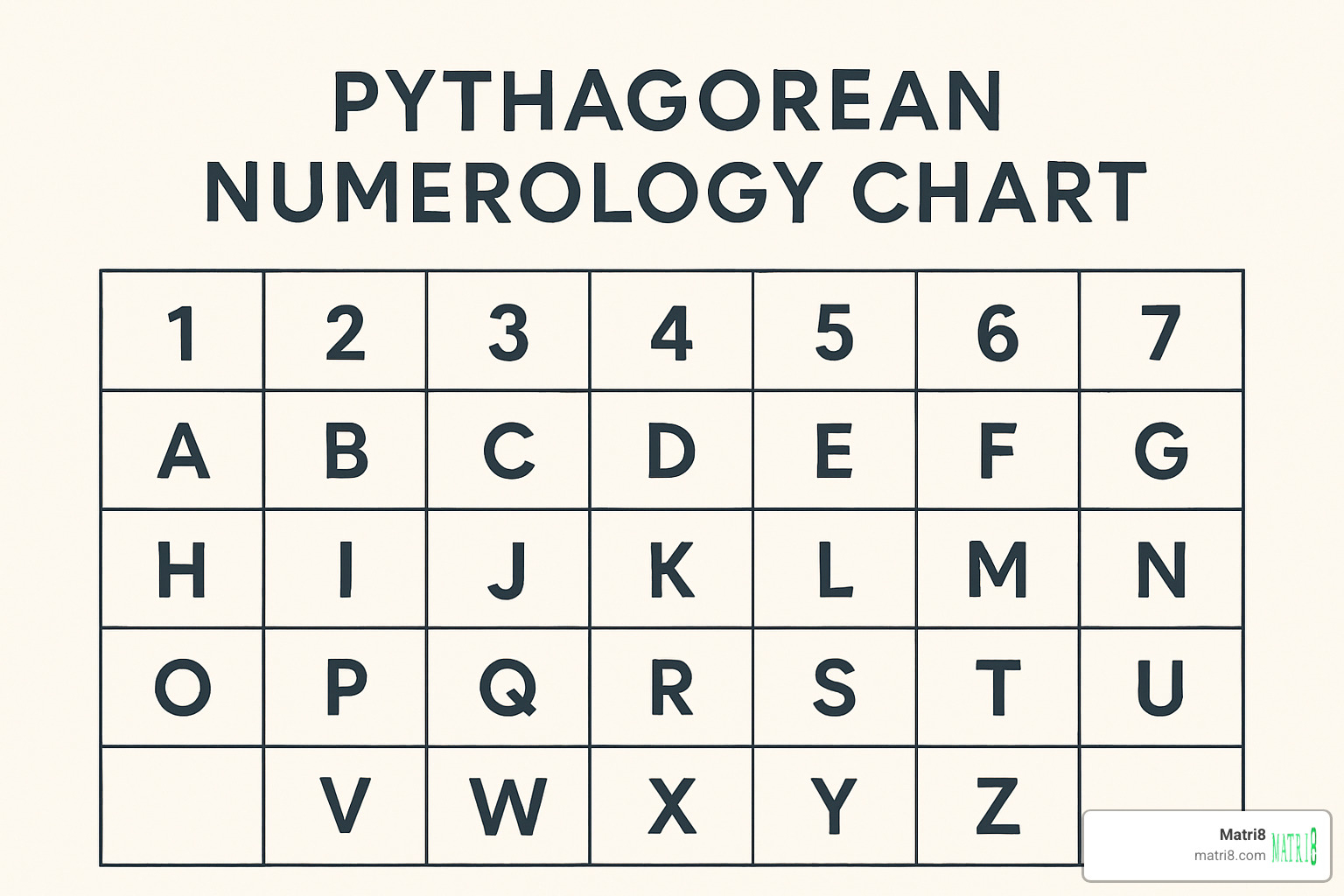 Pythagorean numerology chart showing letter-to-number conversions - numerology match calculator