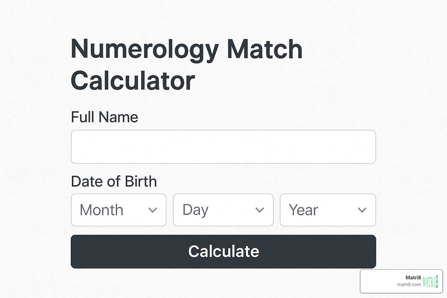 Screenshot of a numerology match calculator interface showing input fields for names and birth dates - numerology match calculator
