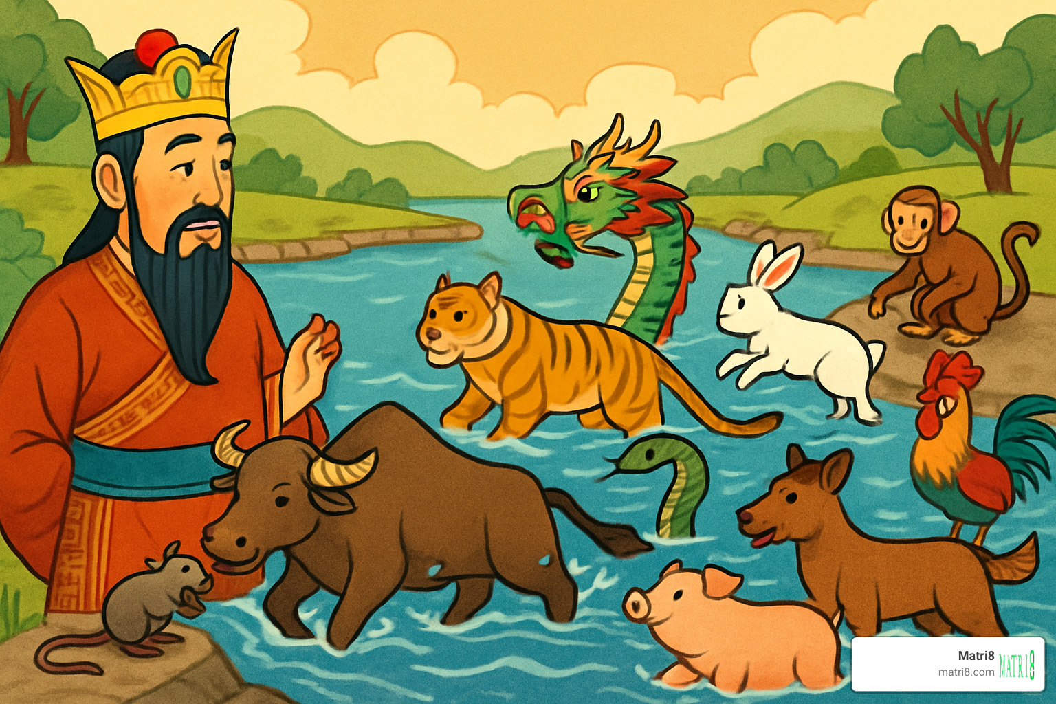 Illustration of the Jade Emperor watching animals race across a river - chinese zodiac animals