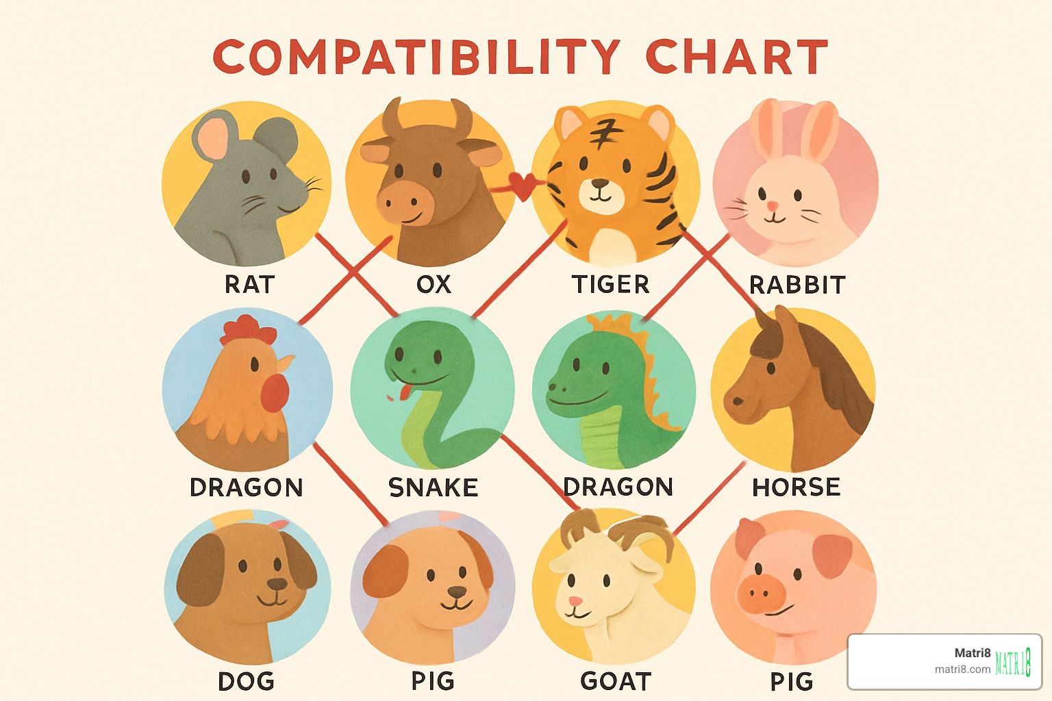 Compatibility chart showing romantic matches between different zodiac animals - chinese zodiac animals