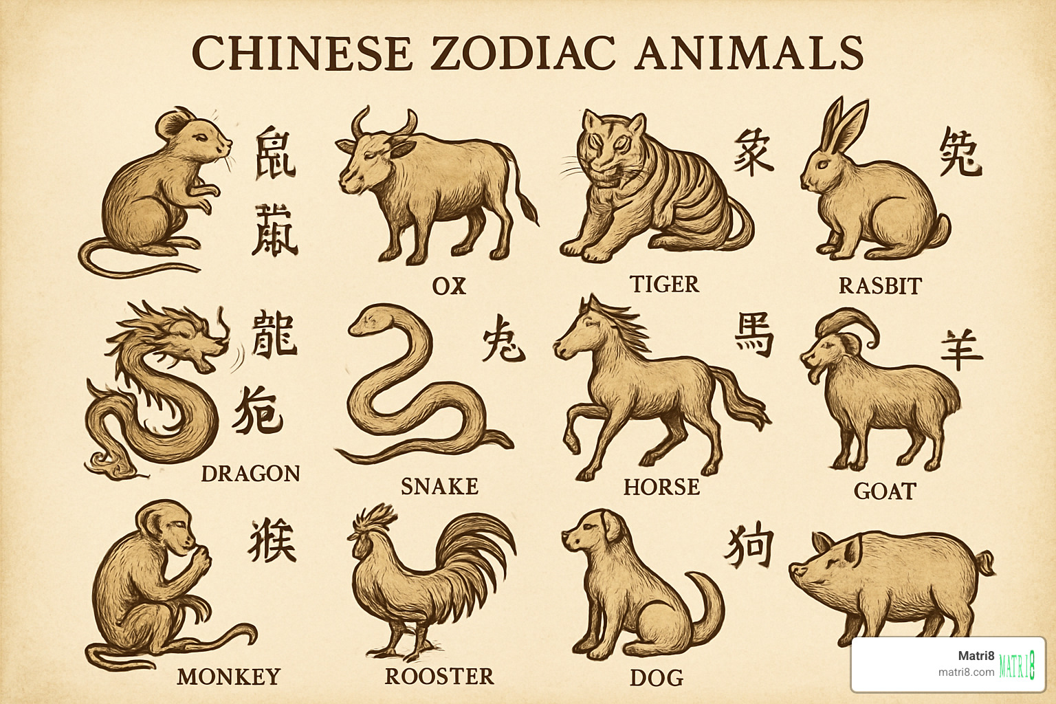Traditional Chinese zodiac wheel showing all 12 animals arranged in circular order - chinese zodiac animals