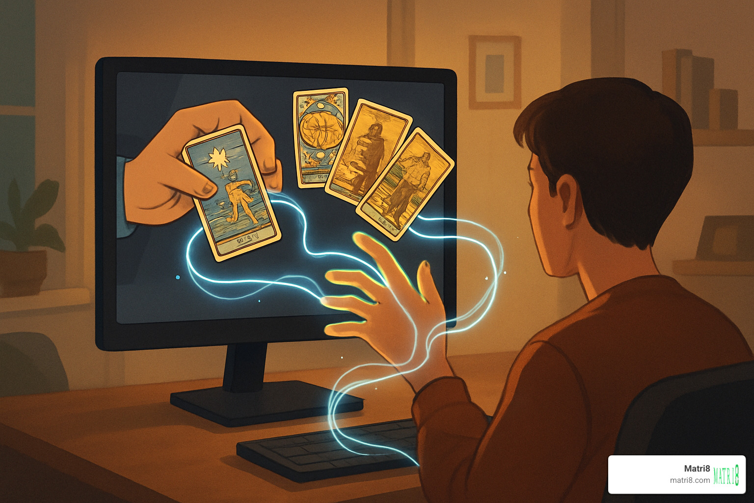 tarot cards being shuffled digitally with energy connection visualization - are online tarot readings good
