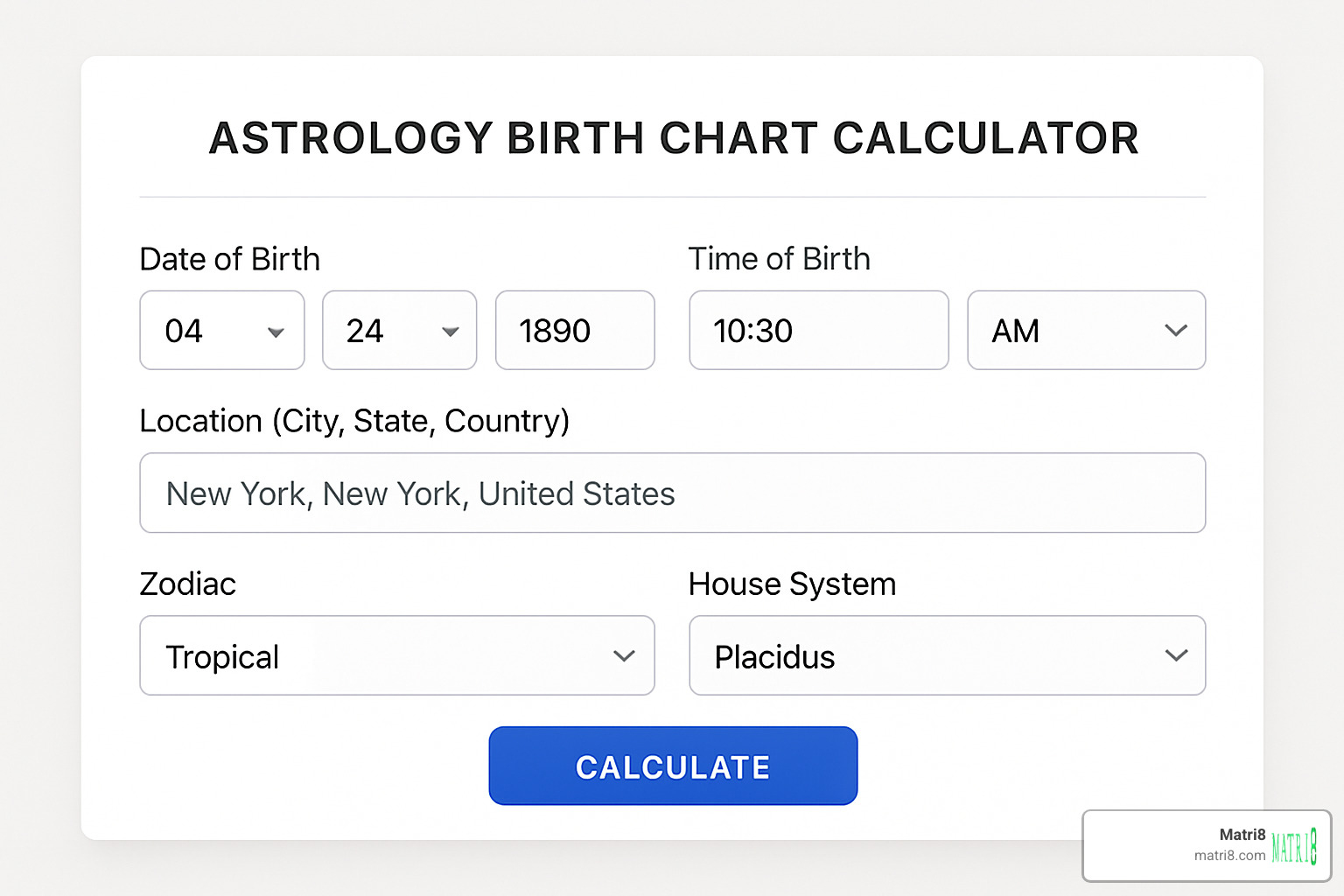 Screenshot of birth chart calculator interface showing input fields for date, time, location, and various calculation options - birth placement chart