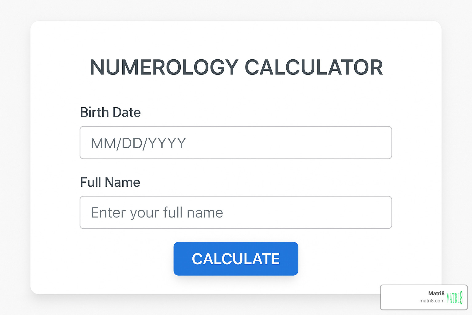 Screenshot of online numerology calculator form with fields for birth date and full name - numerology calculator online