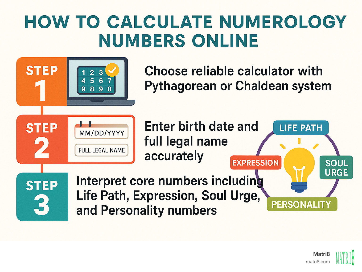 Infographic showing 3 steps: Step 1 - Choose reliable calculator with Pythagorean or Chaldean system, Step 2 - Enter birth date and full legal name accurately, Step 3 - Interpret core numbers including Life Path, Expression, Soul Urge, and Personality numbers - numerology calculator online infographic 